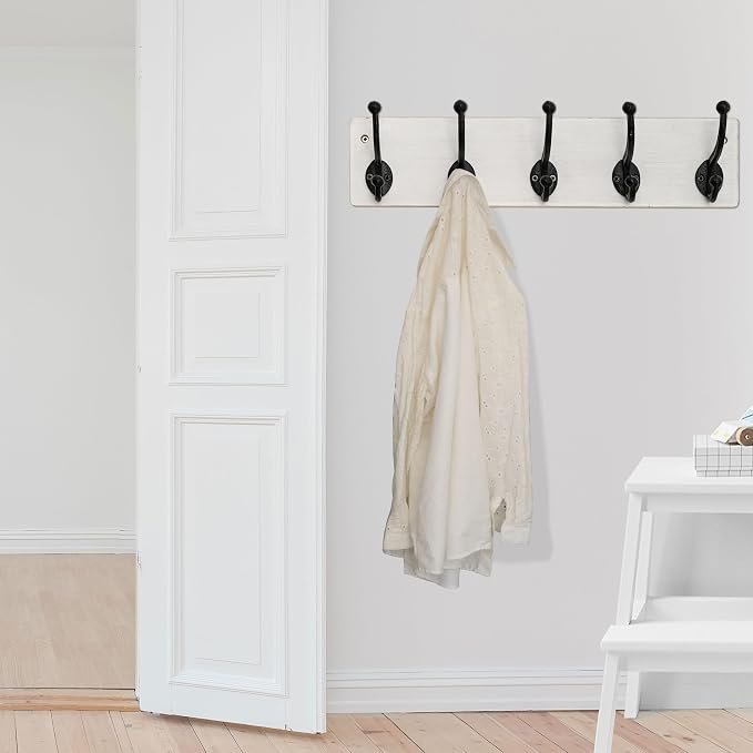 WEBI Rustic Coat Rack Wall Mount,5 Cast Iron Coat Hooks Wall Mounted,Heavy Duty Wall Coat Hanger Hooks for Hanging Coats,Clothes,Black on White,2 Packs