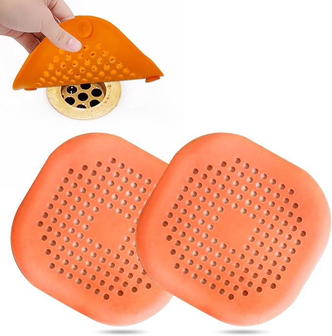 Hair Drain Catcher,Square Drain Cover for Shower Silicone Hair Stopper with Suction Cup,Easy to Install Suit for Bathroom,Bathtub,Kitchen 2 Pack (Orange)