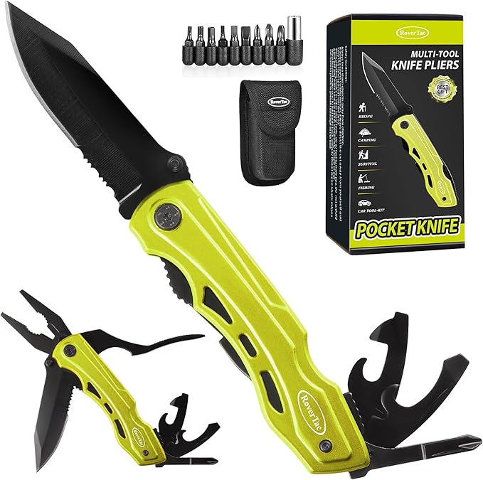 RoverTac 15-in-1 Pocket Multitool Knife - Folding Knife with Pliers, Bottle & Can Opener, Phillips Screwdriver + 9 Bits, Nylon Sheath - EDC Multi Tool for Camping, Hiking & DIY - Gifts for Men & Dad