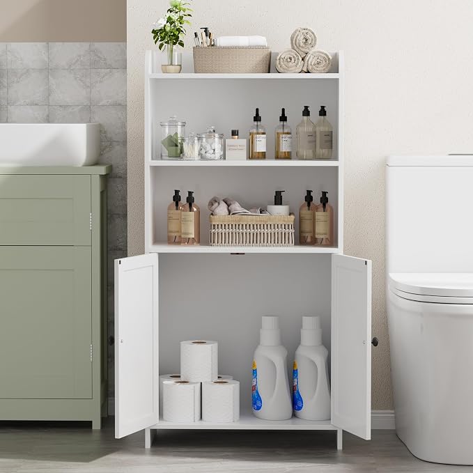 Homhedy Small Bathroom Storage Cabinet, Freestanding Toilet Paper Storage with 2 Doors and Shelves, Bathroom Organizers and Storage for Small Spaces, Laundry Room, 9.8" D x 19.7" W x 39.9" H, White