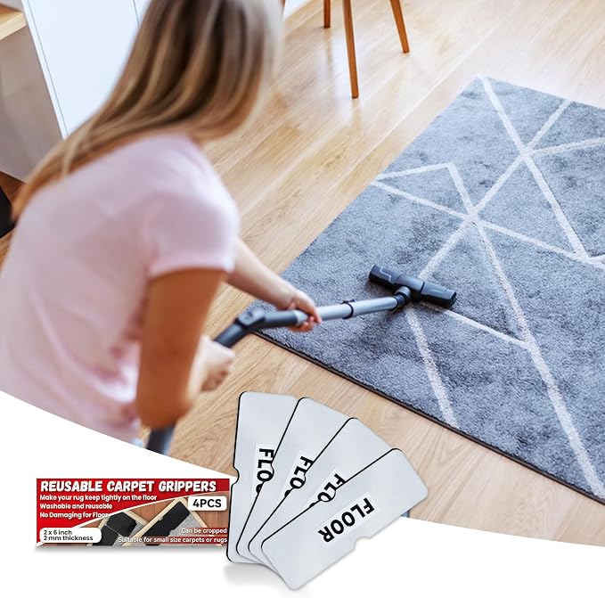 Rug Non Slip Grippers, Reusable Rug Tape, No Damaging for Hardwood Floors and Tiles, Carpet Grippers Stickers Pads for Area Rugs Corners Flat, 4Pcs