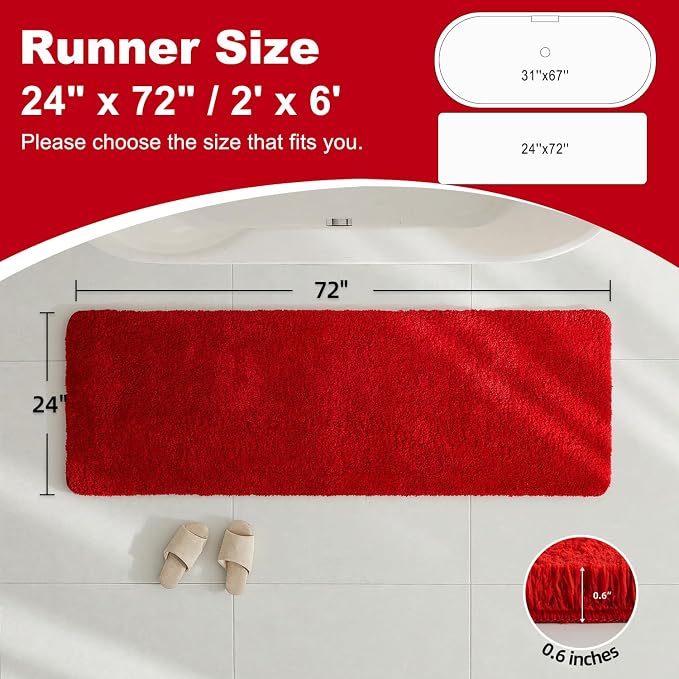 TYUU Bathroom Runner Rug, Ultra Soft Long Bath Mat Super Absorbent Quick Dry Bathroom Runner Rugs 24 x 72 Non Slip Washable, Red 24" x 72"