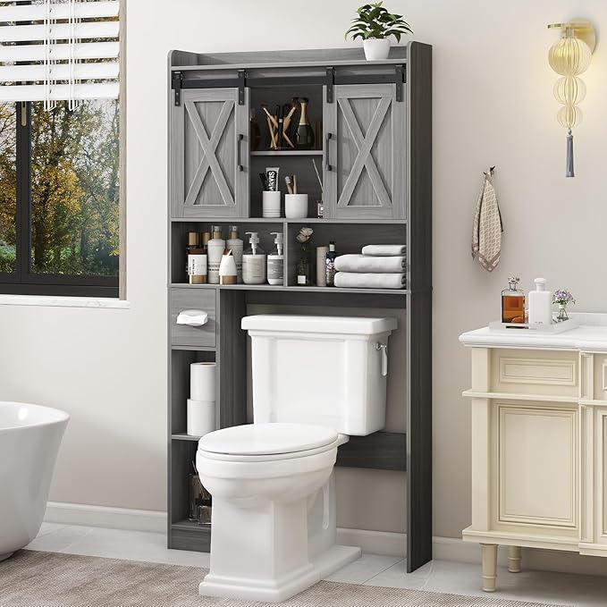 Farmhouse Over The Toilet Storage Cabinet with Sliding Door & Toilet Paper Holder Stand, Space-Saving for Bathroom & Restroom, Wash Grey