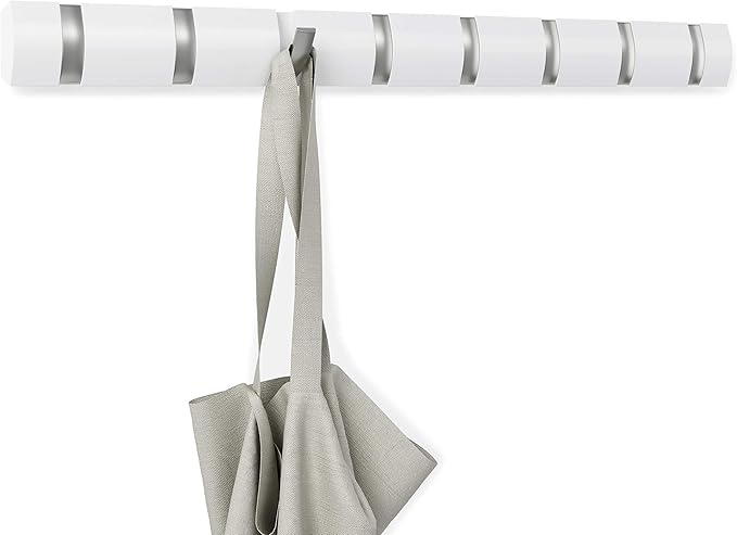 Umbra Flip Wall-Mounted Coat Rack with 8 Hooks – Modern, Space-Saving Storage for Hats, Jackets, Bags, Entryway, Mudroom, Closet, Bathroom, Bedroom – White/Nickel