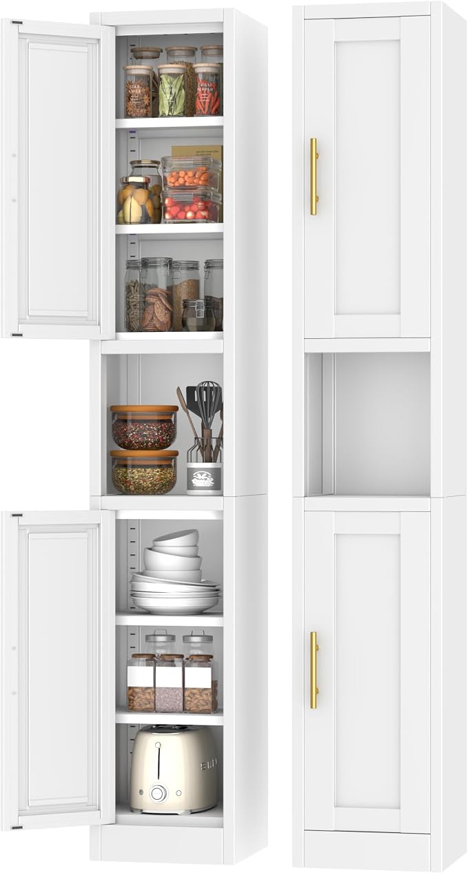 Metal Tall Narrow Storage Cabinet,67" H Freestanding Floor Cabinet with 2 Doors and 4 Adjustable Shelves,Pantry Storage Cabinet for Bathroom,Living Room,Entryway and Kitchen (White)