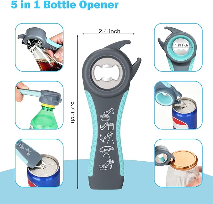 Jar Opener Set - 6-in-1 Adjustable Jar Opener Can Opener, 4-in-1 Bottle Opener Lid Opener & Rubber Jar Gripper, Multifunctional Kitchen Gadget for Seniors, Arthritis, Weak Hands (Blue&Grey)