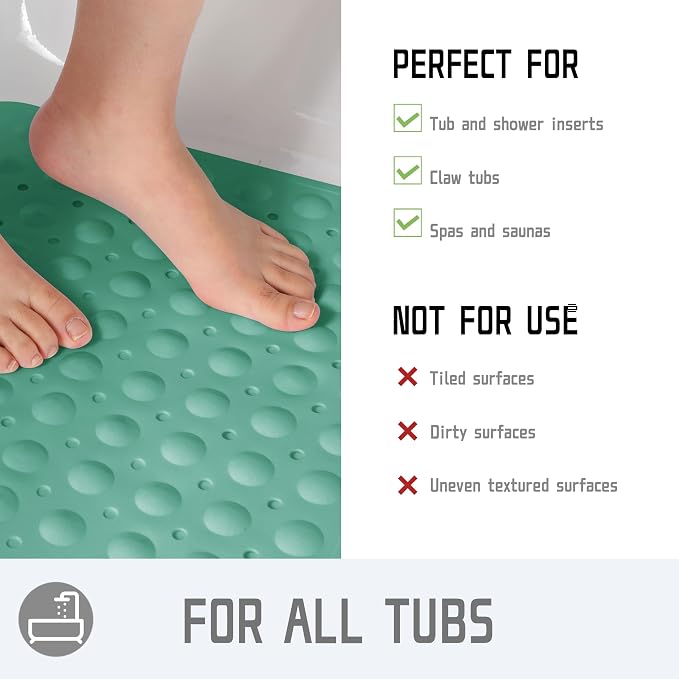 Yimobra Non Slip Bathtub Mat 40 x 16 Inch, Extra Long Shower Mat with Drain Holes, Machine Washable Baby Bath Mats, Strong Suction Cups for Bathroom Floor, Green