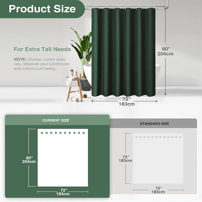Dynamene Long Fabric Shower Curtain - Waffle Textured Tall Heavy Duty Cloth Shower Curtains for Bathroom, 256GSM Large Hotel Spa Luxury Bath Curtain Set with 12 Plastic Hooks(72Wx80H, Dark Green)