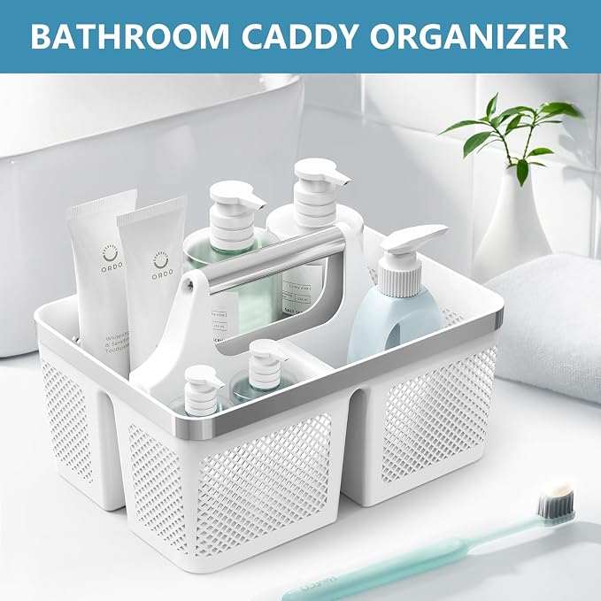 BYUNER Plastic Shower Caddy Dorm: Portable Bathroom Caddy Organizer with Handle and Holes, Cleaning Basket, Hard Shower Basket Storage Tote for Toiletry, College Dorm Room Essentials White/Silver