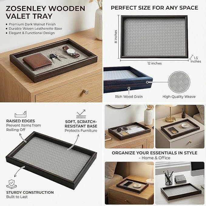 Wooden Valet Tray with Leather Base - Nightstand Catchall Organizer for Cologne, Perfume, Keys, Wallet, Phone, Watch, Jewelry & Sunglasses (Llight Gray)