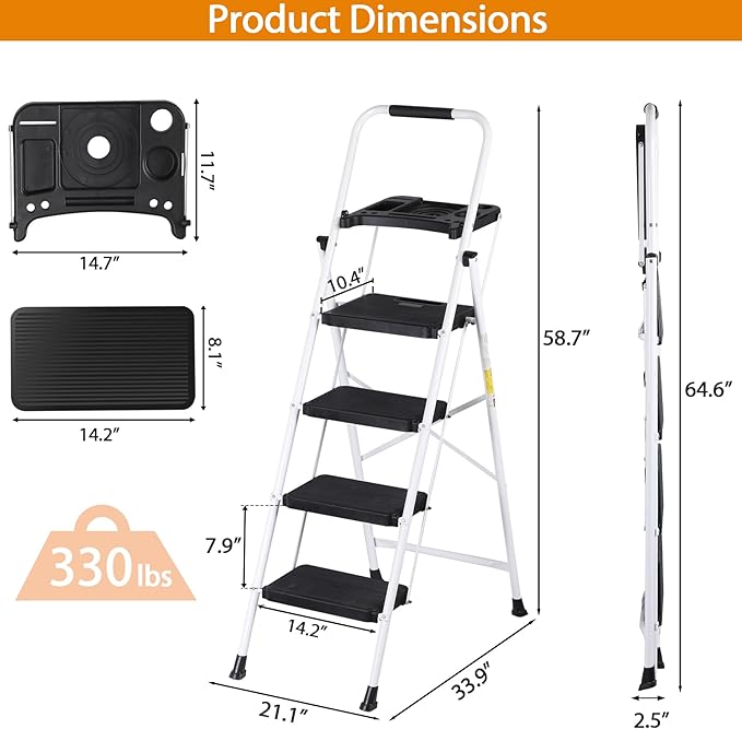 ZENY 4 Step Ladder, Folding Step Stool for Adults, Portable Steel Ladder with Tool Platform, Wide Anti-Slip Pedal, Safety Locking, Lightweight (White)
