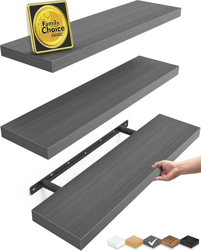 BAYKA Floating Shelves for Wall Grey, Set of 3, Wall Mounted Rustic Wood Shelves for Bathroom, Bedroom, Living Room, Kitchen, Hanging Shelf for Books/Storage/Decor with 22lbs Capacity, Black, 22.5in