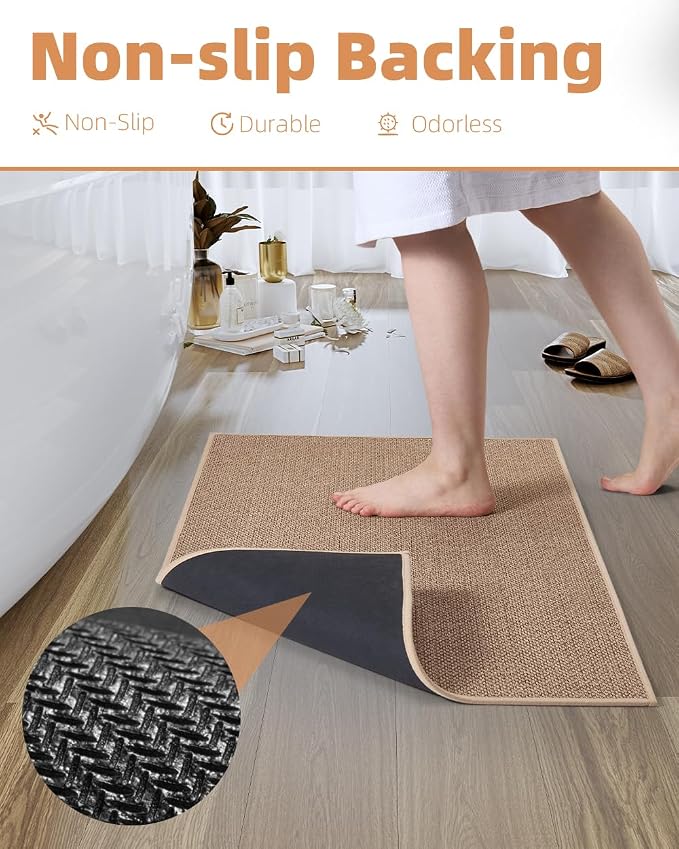 PADOOR Non-Slip Bath-Mats for Bathroom, Rubber-Backing Braided Absorbent Bathroom Mat Machine Washable Thin Bathroom Rugs Fit Under Door Quick Dry Bath Rugs for Floor, 17''x30'' Beige