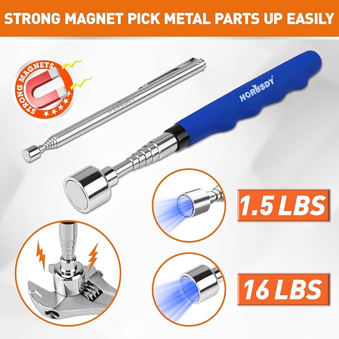 HORUSDY 4PCS Telescoping Magnetic Pick Up Tool Kit, Magnetic Sweepers Set with 360° Inspection Mirror, 2 Telescoping Magnetic Pickup Tools (5–25.6/6.9–29.5 in) & 24 in Flexible Claw Grabber