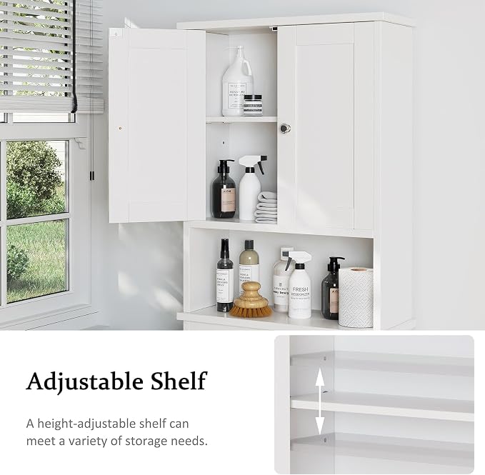 Over the Toilet Storage Cabinet, Bathroom Storage Organizer Over Toilet, Space Saver W/Adjustable Shelf & Open Shelf, White