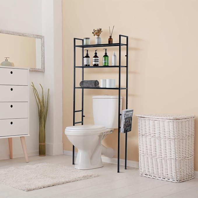 MyGift 3 Tier Over The Toilet Storage, Freestanding Bathroom Organizer Shelf, Above Toilet Rack with Removable Magazine Holder Basket, Black Metal Cabinet for Laundry Space Saver, 26.4x7.8x63.6 Inch