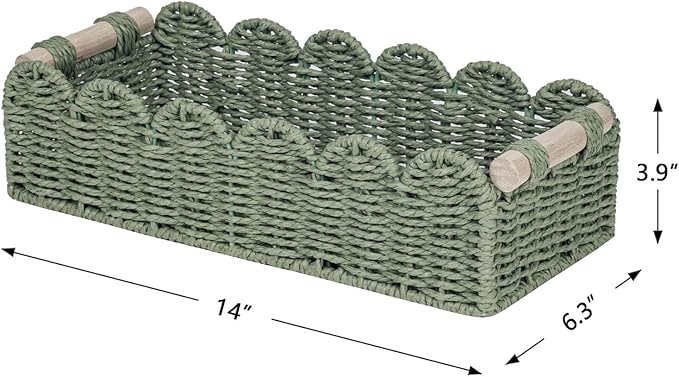 CubesLand Toilet Paper Storage Basket Scalloped Edge Home Decor Green Basket, Living Room Cozy Decor, Paper Rope Small Baskets for Over Toilet Storage Shelf, End Table, Shelves, with 2 Wooden Handles
