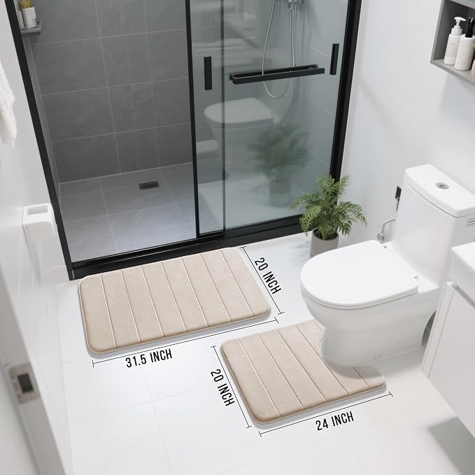 Yimobra Memory Foam Bath Mat Set 2 Piece - Super Soft Absorbent Quick Dry Bathroom Toilet Rugs, Machine Washable Non Slip Floor Carpet for Tub Shower & Single Sink (31.5x20 & 24x20, Beige)