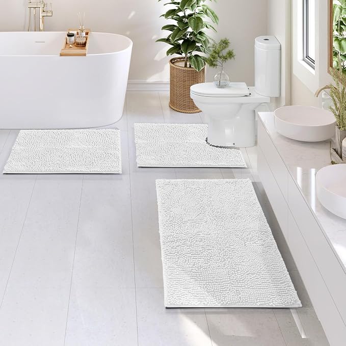 Hearth & Harbor Bathroom Rugs, Chenille Bath Mat - Machine Washable Bath Mats for Bathroom Non-Slip Backing Rubber, Quick Dry Mat - White Bath Rug, 17x24-20x32-20x24