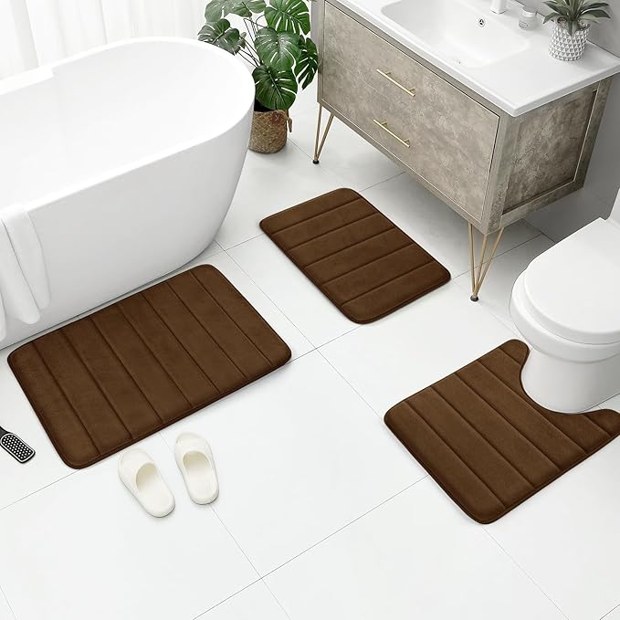 BYSURE Brown Memory Foam Bathroom Rug Set 3 Piece, Non Slip Extra Soft Absorbent Bath Mats, Machine Washable & Dry Toilet Mat Sets for Bathroom Floor