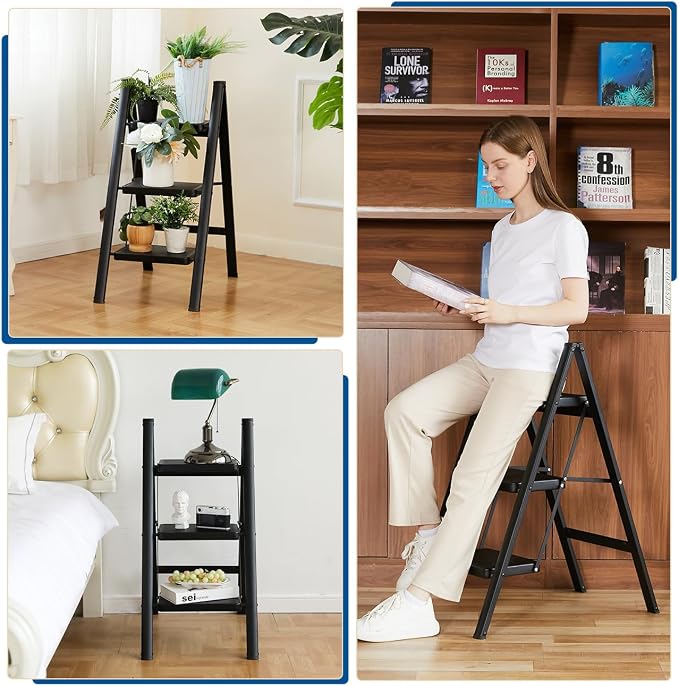 Double Elite Folding 3 Step Ladder, Sturdy 330 Lbs Load Small Step Stool for Adults, Safer Full Steel Multi-use Kitchen Ladder for Home, Closet Step Stool Ladder with Wide Pedals, Black, 3-Step