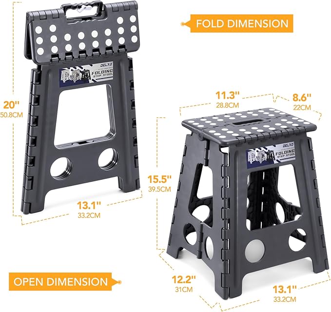 Delxo 16 Inch Folding Step Stool,Foldable Stool for Adults with Safety Lock,Portable Collapsible Plastic Stepstool,Non Slip Folding Stools for Kitchen Bathroom Bedroom Up to 400LBS,(Dark Grey 1PC)