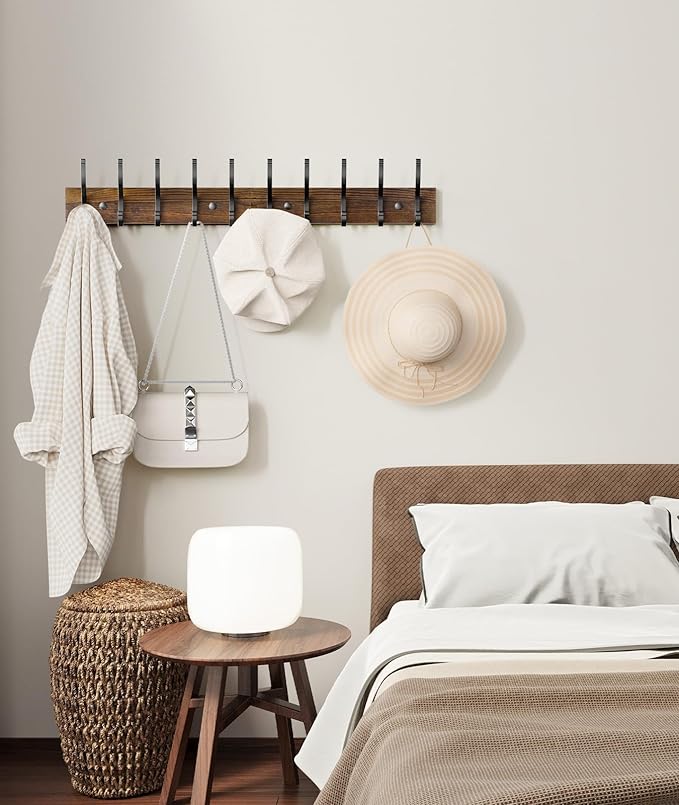 Optish 1 Pack Wooden Coat Rack Wall Mount, 16.1" Rustic Coat Hanger Hooks with 5 Double Hooks, Wall Coat Rack for Hat, Clothes, Bags, Jacket, Brown