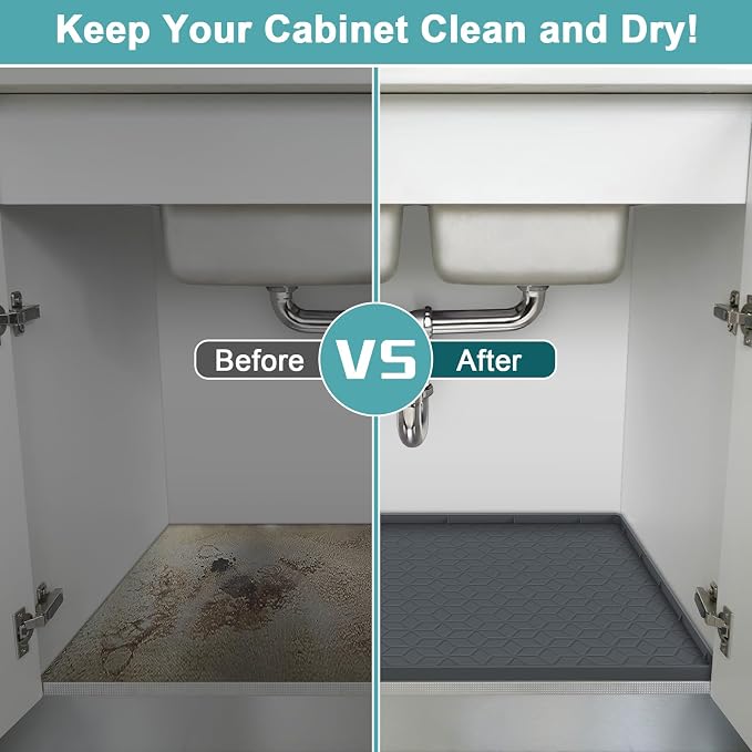 Under Sink Waterproof Mat for Kitchen 34" x 22", Silicone Under Kitchen Sink Mats and Protectors for Cabinets, Under Sink Tray Liner, Cabinet Mat for Kitchen Multipurpose Pet Mats, Rhombic Gray