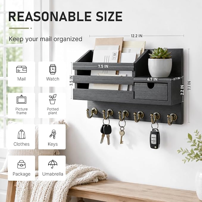 FifthQuarter Key and Mail Holder for Wall, Mail Organizer Wall Mount with 6 Hooks and Storage Drawer, Easy Installation Key Rack for Entryway and Home Decor (A-Black)