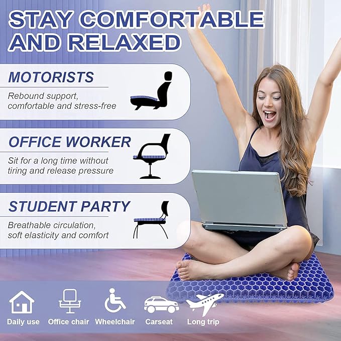 Gel Seat Cushion, Super Large (19x18x1.6inch) Gel Cushion Chair Pads with Non-Slip Cover for Home Office Car Seat Wheelchair, Soft Breathable Honeycomb Seat Cushion for Relieve Hip Pain