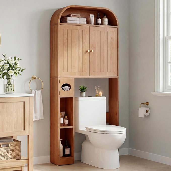 LEVNARY 31" Wide Over the Toilet Storage with Toilet Paper Holder, Arched Bathroom Organizer with Fluted Doors, 4-Tier Space Saving Freestanding Cabinet with Adjustable Shelves (Caramel)