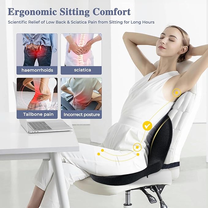 Car Seat Cushion, Memory Foam Driving Cushion with Adjustable Strap, Ergonomic Pad for Car & Semi Truck, Office Chair Cushion for Sciatica & Lower Back Pain Relief, Dark Gray