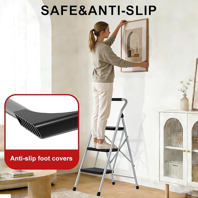 3 Step Ladder for Kitchen Step Stool, Lightweight Folding Step Stool with Curved Safety Handrail, Auto-Lock Mechanism & Non-Slip Wide Pedals, Slim&Foldable for Home Indoor（Sliver）