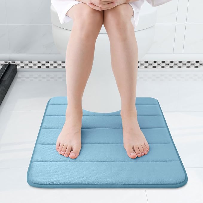 Buganda Memory Foam U-Shaped Contour Toilet Rugs, Non Slip Absorbent, Thick Soft Washable Bathroom Mat, Floor Carpet Bath Rugs Mat for Toilet Base (24" x 24", Blue)