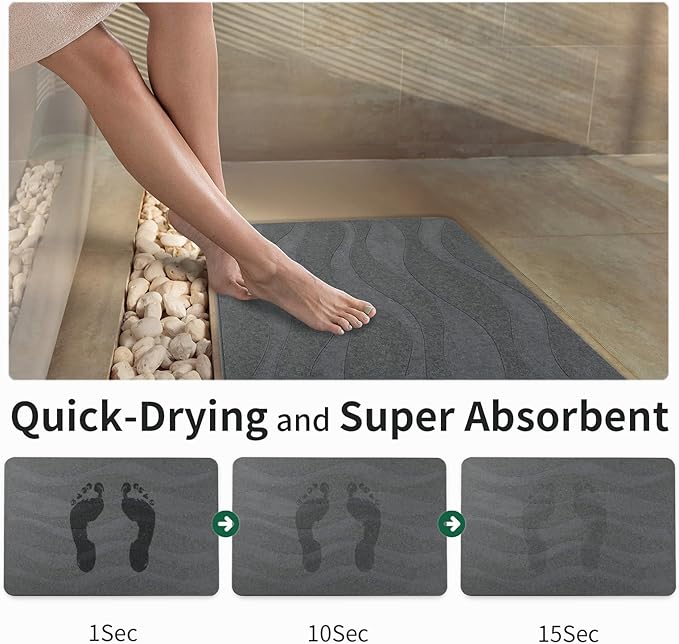 XMarrat Stone Bath Mat, 23.6'' x 15.4'' Super Absorbent Diatomaceous Earth Bath Mat Large, Quick Drying Non-Slip Diatomite Stone Bath Mats for Bathroom, Easy to Clean (Dark Gray)