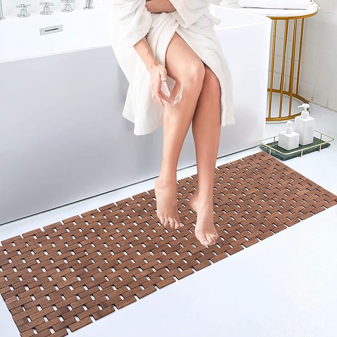 Bath Mat Bathroom Runner Long Large Rugs Floor Wood Shower Bathtub Waterproof Non Slip Accessories 16x48 Inch Easy to Clean, Walnut, 1 pc