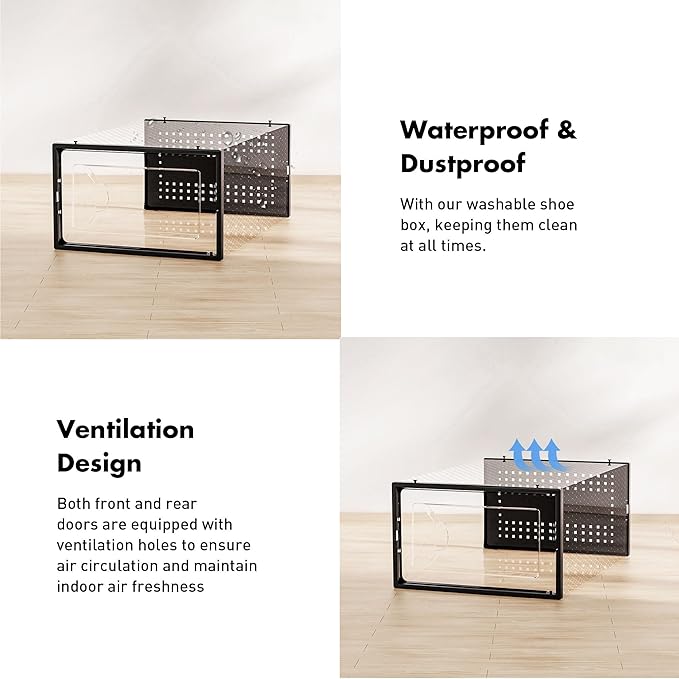 Foluck Shoe Storage Box, 15 Pack Clear Plastic Stackable Organizer for Closet, Interlocking Design Container Bins for Sneakers, Foldable Shoe Rack for Closet,Entryway, Black
