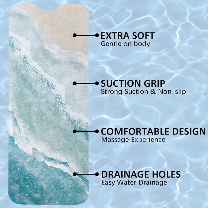 Beach Bathtub Mat Non Slip, Baby Bath Mat for Tub Rubber Tub Mat, Kids Bath Mats for Bathroom Ocean Waves Anti Slip Shower Mat with Suction and Drain Holes Machine Washable, 40″X16″
