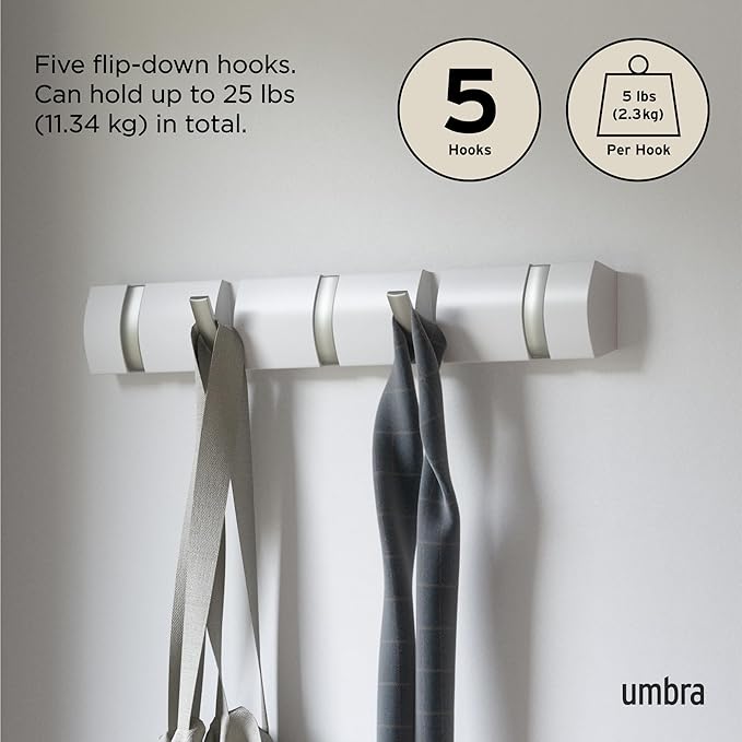 Umbra Flip Wall-Mounted Coat Rack with 5 Hooks – Modern, Space-Saving Storage for Hats, Jackets, Bags, Entryway, Mudroom, Closet, Bathroom, Bedroom – White/Nickel