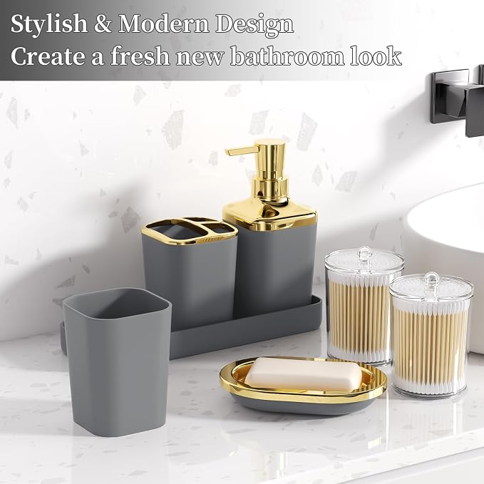 XLHOMO Bathroom Set - Grey and Gold Bathroom Accessories Set, Bathroom Sets with Shower Curtain and Rugs, Grey Shower Curtain Set with Bathroom Trash Can, Soap Dispenser, Soap Dish for Home Decor
