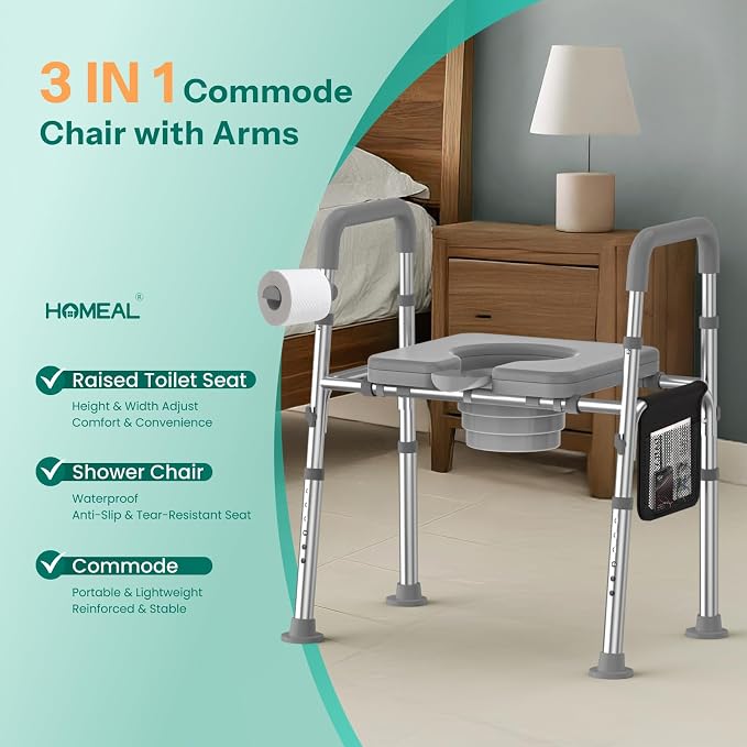 HOMEAL Seat Riser for Seniors with Bucket, Adjustable Raised Toilet Seat with Handles, Supports 450LBS, Heavy-Duty 3in1 Bedside Commode Chair for Any Toilet, Shower & Bedside (Grey, with Bucket)