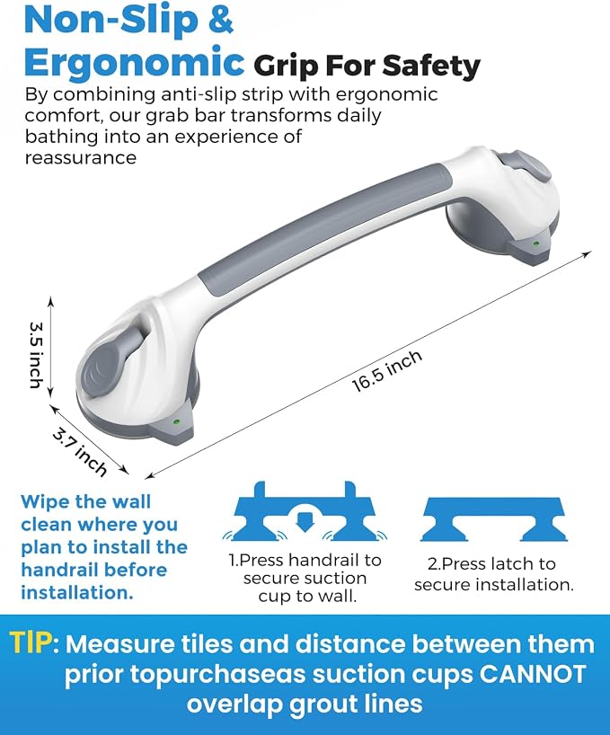 2 Pack 16.5" Suction Grab Bars for Showers with Visual Safety Indicator, No-Drill 4mm Thickened Handicap Shower Handle for Seniors, Non-Slip Bathroom Balance Rail for Smooth Tiles & Tubs