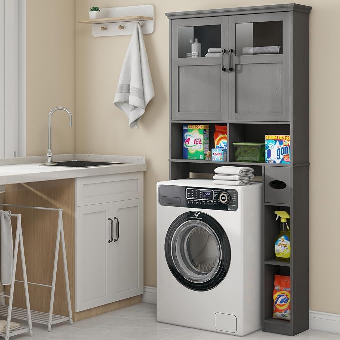Over The Toilet Storage Cabinet With Double Doors & Paper Holder Stand, Freestanding Shelf Space Saver, Anti-Tip Design & Adjustable Shelf, Natural Grey