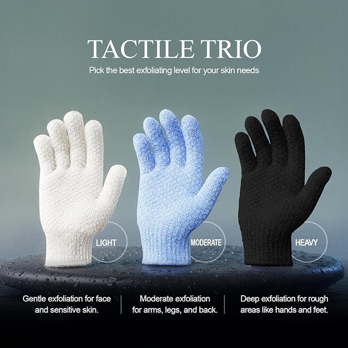 Evridwear Exfoliating Dual Texture Bath Gloves for Shower, Spa, Massage and Body Scrubs, Dead Skin Cell Remover, Gloves with Hanging Loop (1 Pair Black Heavy Glove)