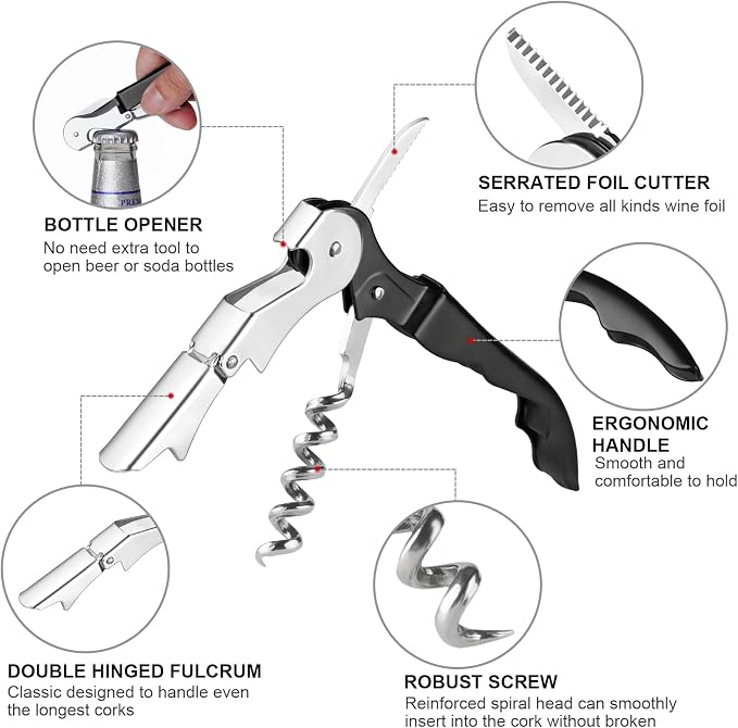Professional Heavy Duty Wine Opener, Compact and Foldable Wine Key, Strength Stainless Steel corkscrew, Double Hinged, Foil Cutter, Ideal Tools for Servers, Bartenders, Sommelier (Black).