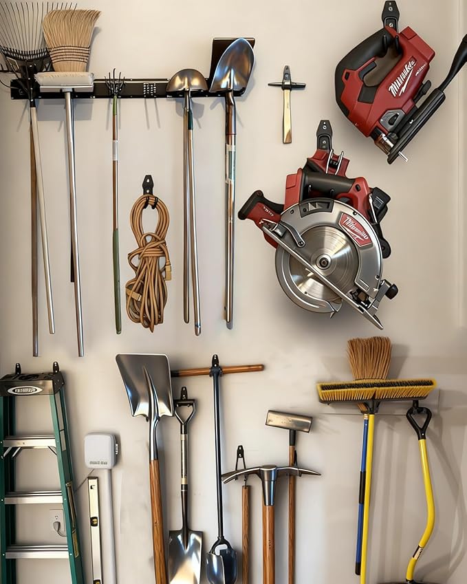 PIYILO Garden Tool Organizer 48 in with 18 Garage Hooks, Heavy Duty Garage Wall Hooks for Hanging Ladder, Bike, Tool Storage Rack for Yard Tools, Shovel, Shed (23 Pack)