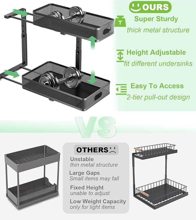 Under Sink Organizer 2 Pack, High Adjustable 2 Tier Under Sink Organizers and Storage, Slide out Metal Cabinet Organizers, Pull out Storage Drawer Shelf for Kitchen Bathroom Cabinet