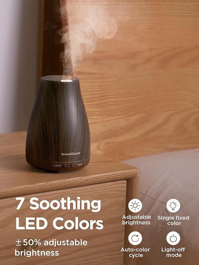 InnoGear Essential Oil Diffuser, Ultrasonic Diffusers for Home Aromatherapy Humidifier for Bedroom Room 7 Colors LED 2 Mist Mode Auto Off, Brown