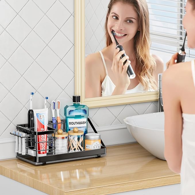Toothbrush Holders Instant-Drying Organizer - Bathroom Countertop/Wall Mounted Electric Toothbrush Holder - Toothbrush Head Toothpaste Holder Bathroom Counter Organizers Storage Black