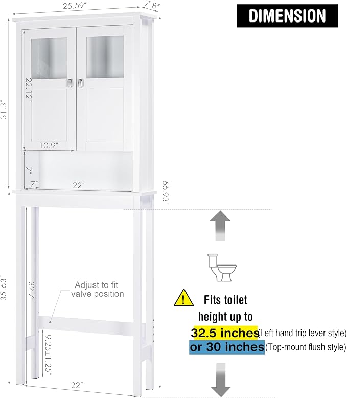 Spirich Bathroom Cabinet Over Toilet, Bathroom Storage Cabinet with Glass Doors and Adjustable Shelves, Over The Toilet Storage Cabinet, White